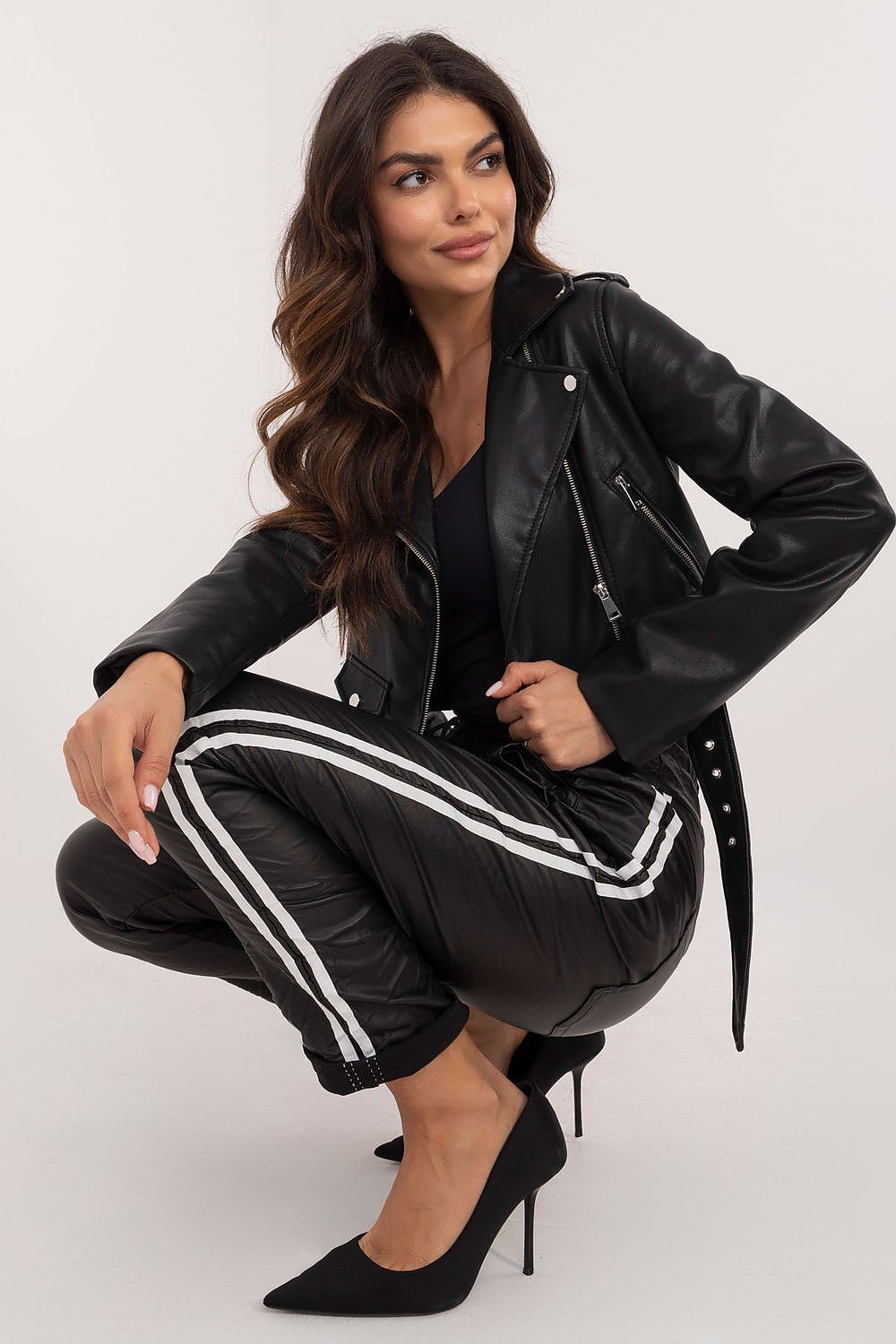 Versatile high-rise eco-leather trousers by Italy Moda, perfect for casual and workwear, highlighting a sleek and modern aesthetic.