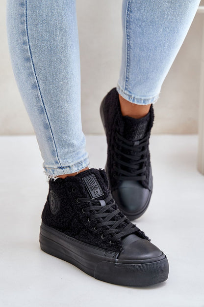 Chic black sheepskin sneakers by BIG STAR, designed with a rounded toe and insulated interior for warmth, ideal for cold weather.
