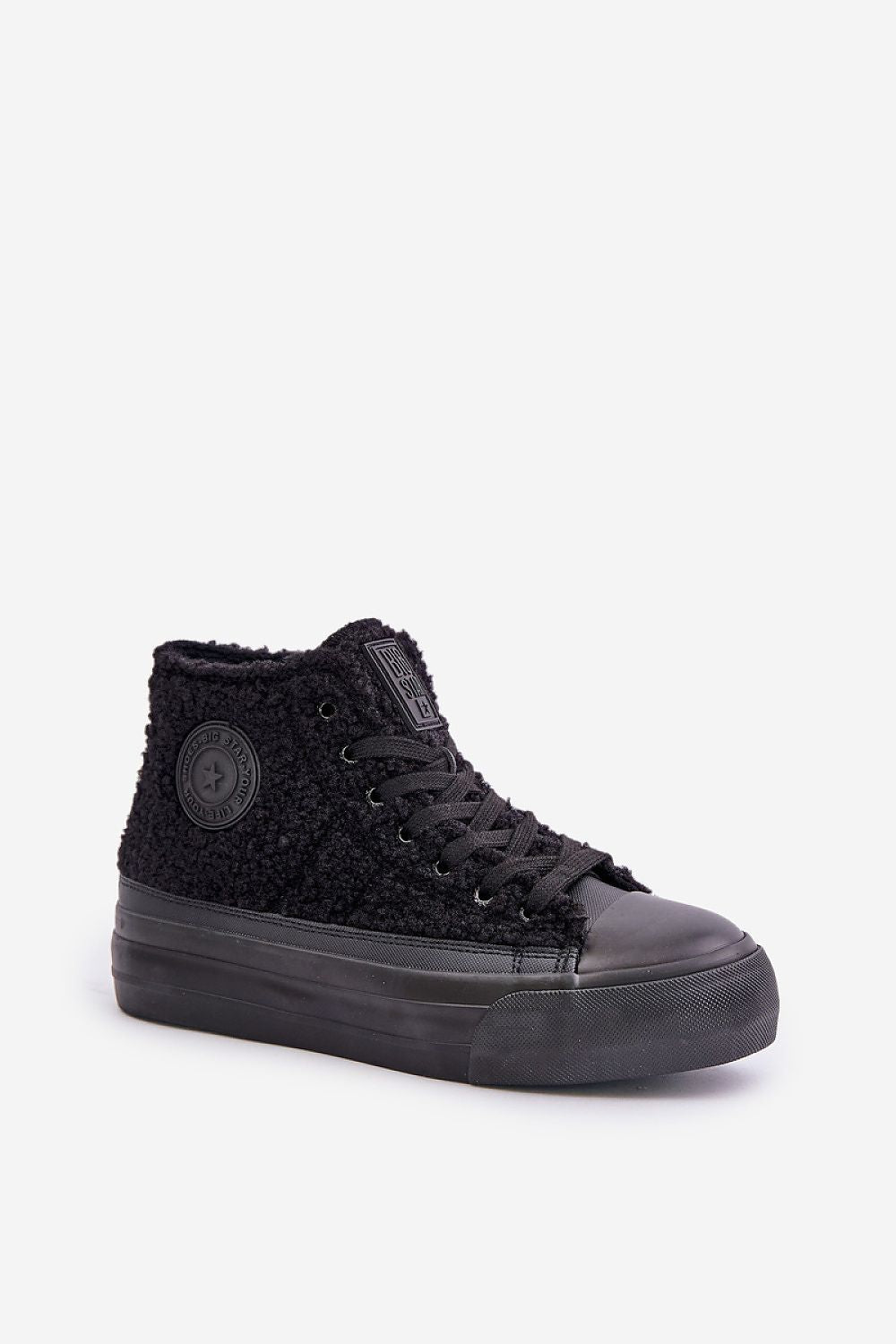 Luxurious BIG STAR women's platform sneakers in black sheepskin, perfect for adding a sophisticated touch to your winter wardrobe.