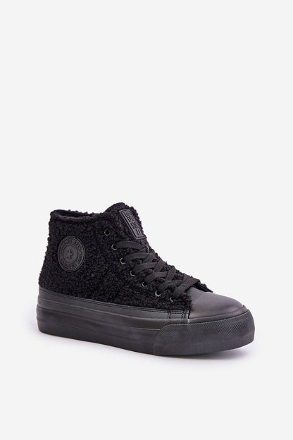 Luxurious BIG STAR women's platform sneakers in black sheepskin, perfect for adding a sophisticated touch to your winter wardrobe.