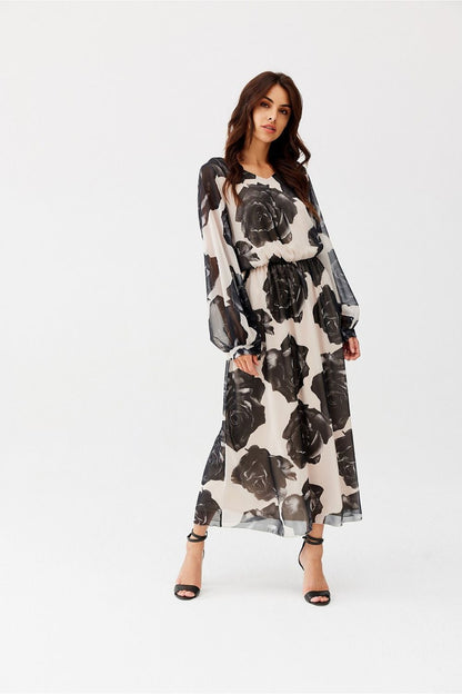 Sophisticated long patterned dress from Roco Fashion, perfect for formal and casual occasions.