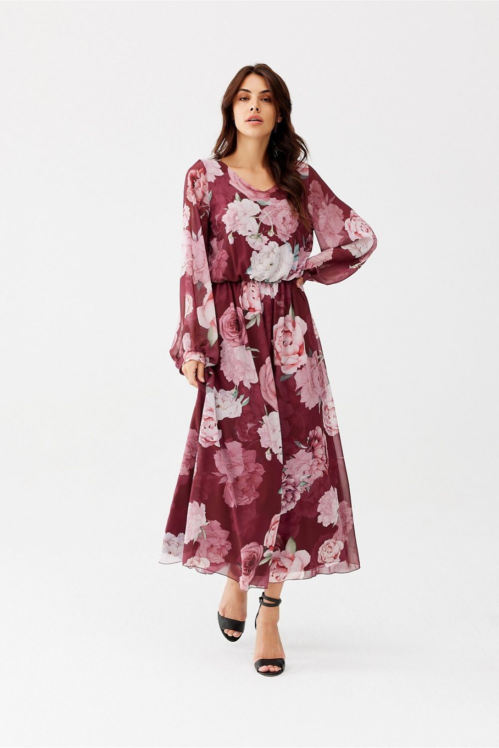 Elegant Ariela Long Chiffon Dress featuring V-neckline, semi-sheer sleeves, and a flattering elastic waistband by Roco Fashion.