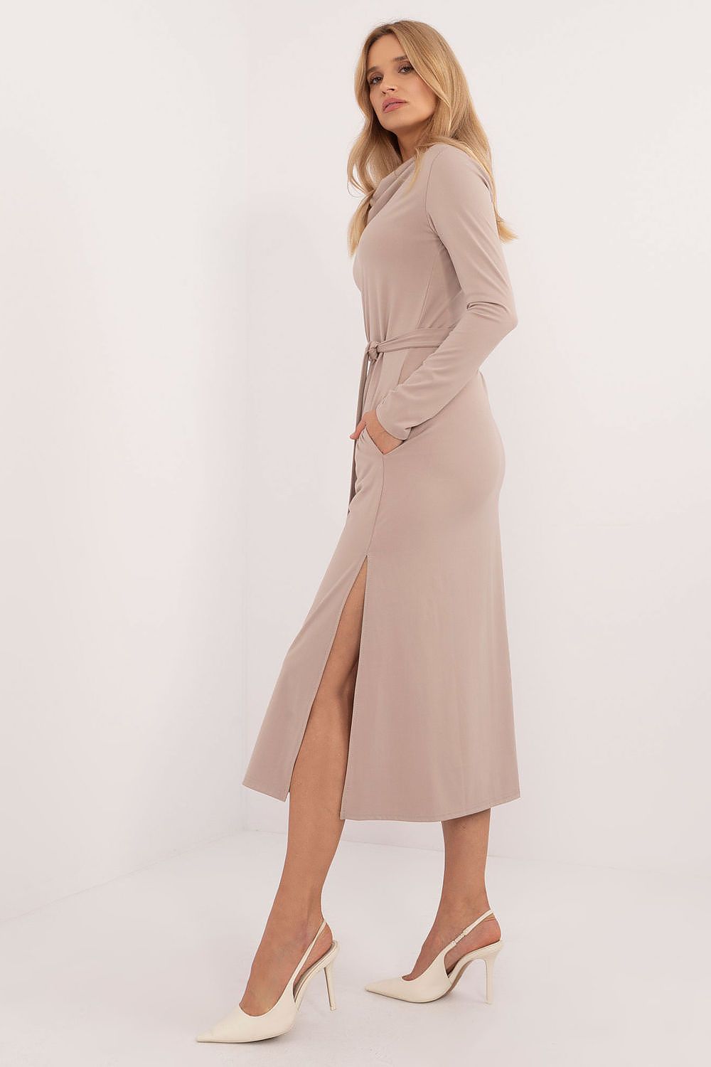 Stylish image of the Lakerta Midi Dress showcasing its luxurious viscose and elastane fabric, designed for comfort and elegance.
