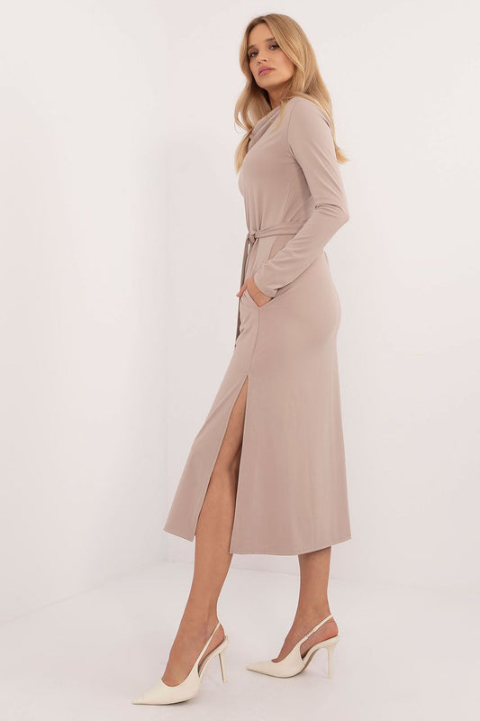 Stylish image of the Lakerta Midi Dress showcasing its luxurious viscose and elastane fabric, designed for comfort and elegance.