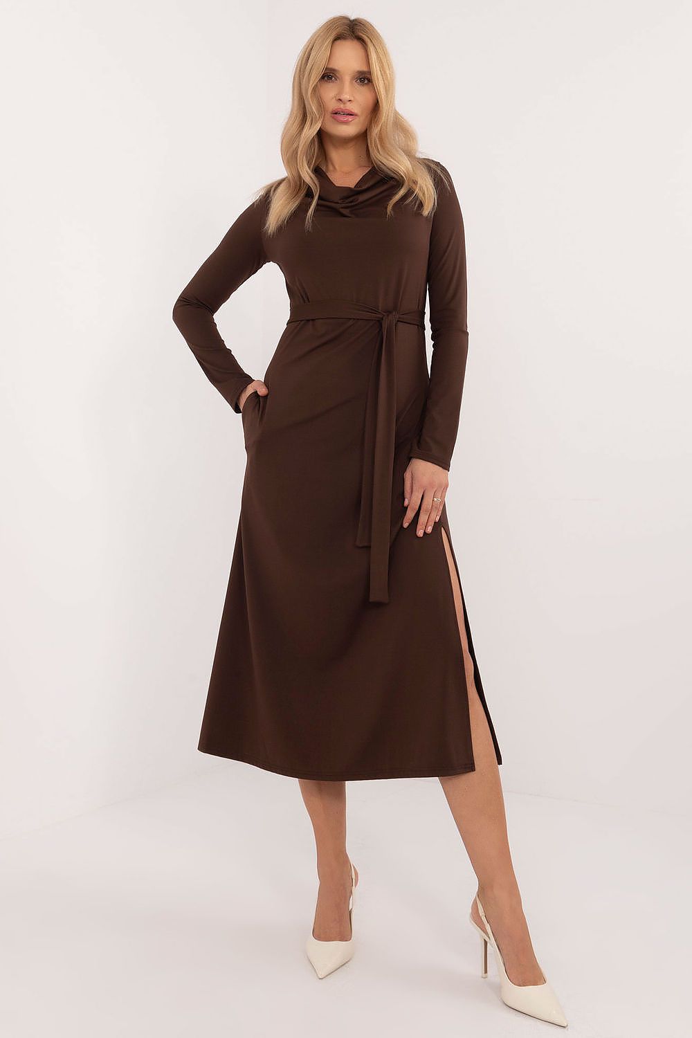 Full view of the Lakerta Midi Dress on a model, demonstrating its chic professional look suitable for work and formal events.