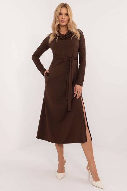 Full view of the Lakerta Midi Dress on a model, demonstrating its chic professional look suitable for work and formal events.