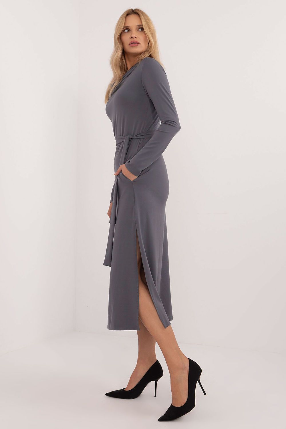 Close-up view of the Lakerta Midi Dress showcasing its high-quality viscose fabric and minimalist tie belt for accentuating the waist.