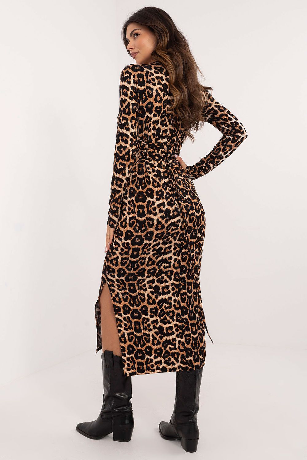 Elegant midi length pencil cut daydress in animal print by Lakerta, showcasing a stylish and bold design perfect for every occasion.