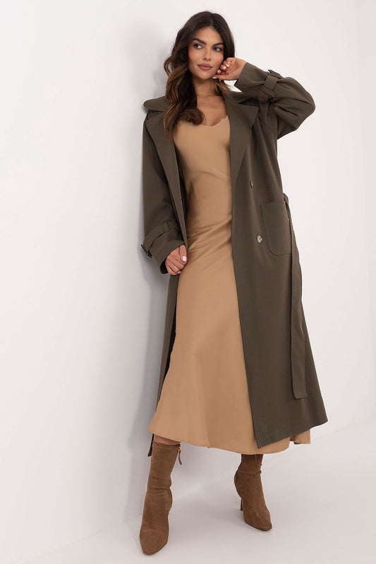 Elegant women's double-breasted trench coat by Lakerta, crafted from premium cotton-spandex blend, perfect for transitional seasons.