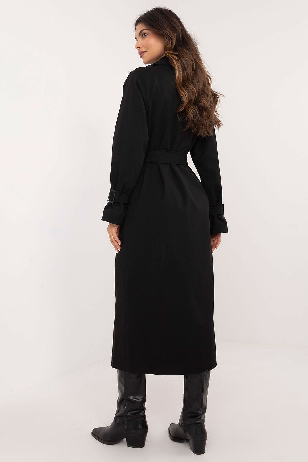 Versatile and stylish calf-length trench coat for women, designed by Lakerta, showcasing smooth material and functional slide-in pockets.