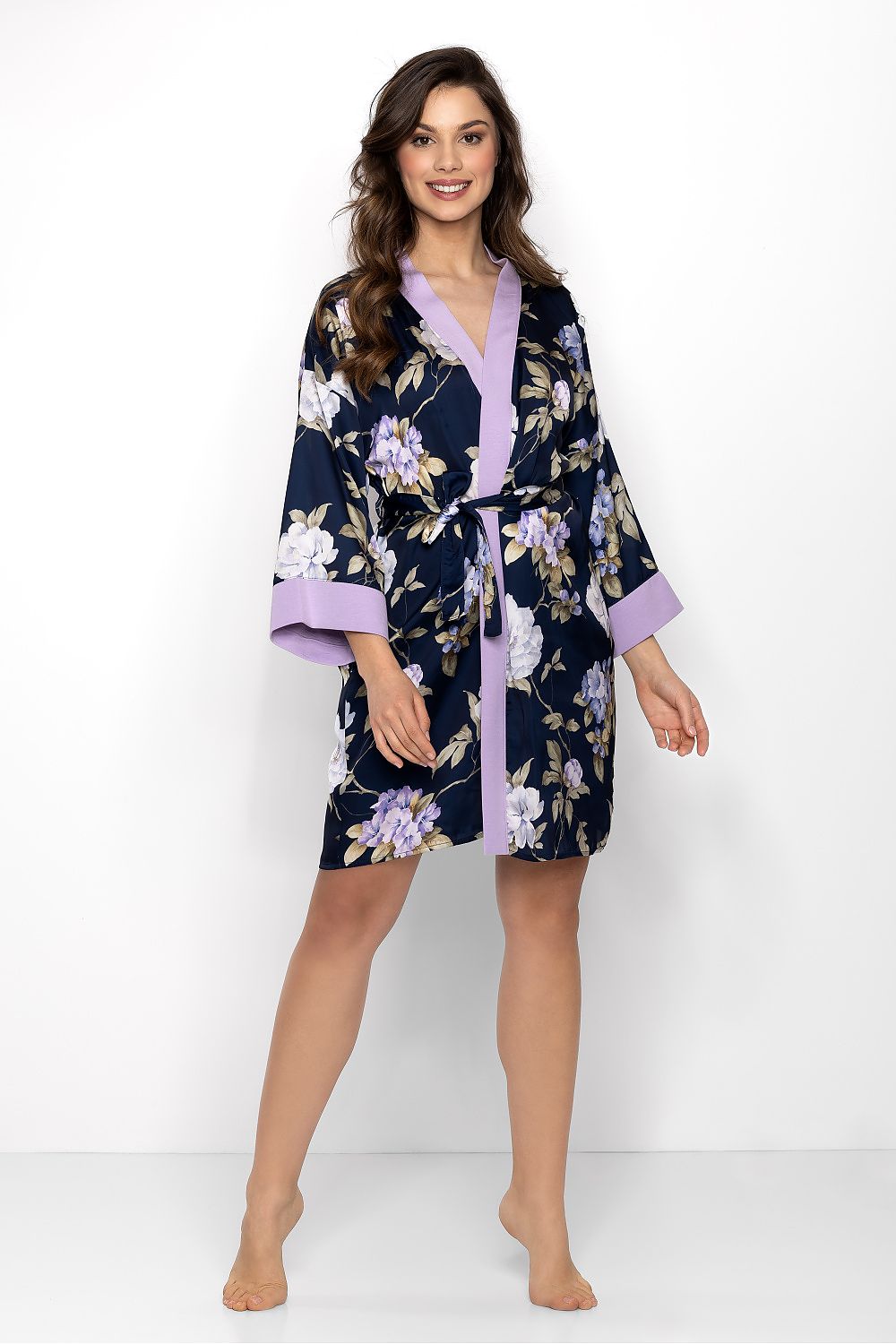 Luxurious satin women's bathrobe by Momenti Per Me, featuring elegant 7/8 sleeves and a chic design, perfect for comfort and style.