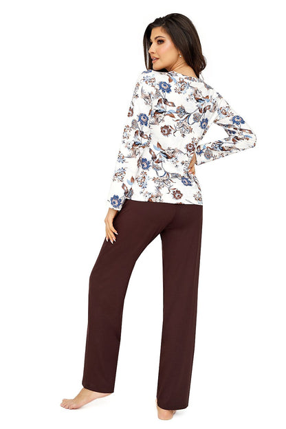 Luxurious women's pajama set by Donna featuring a long sleeve V neck blouse and comfortable loose-fit pants in elegant design, perfect for sleep and homewear, suitable for EU sizes 36-44.