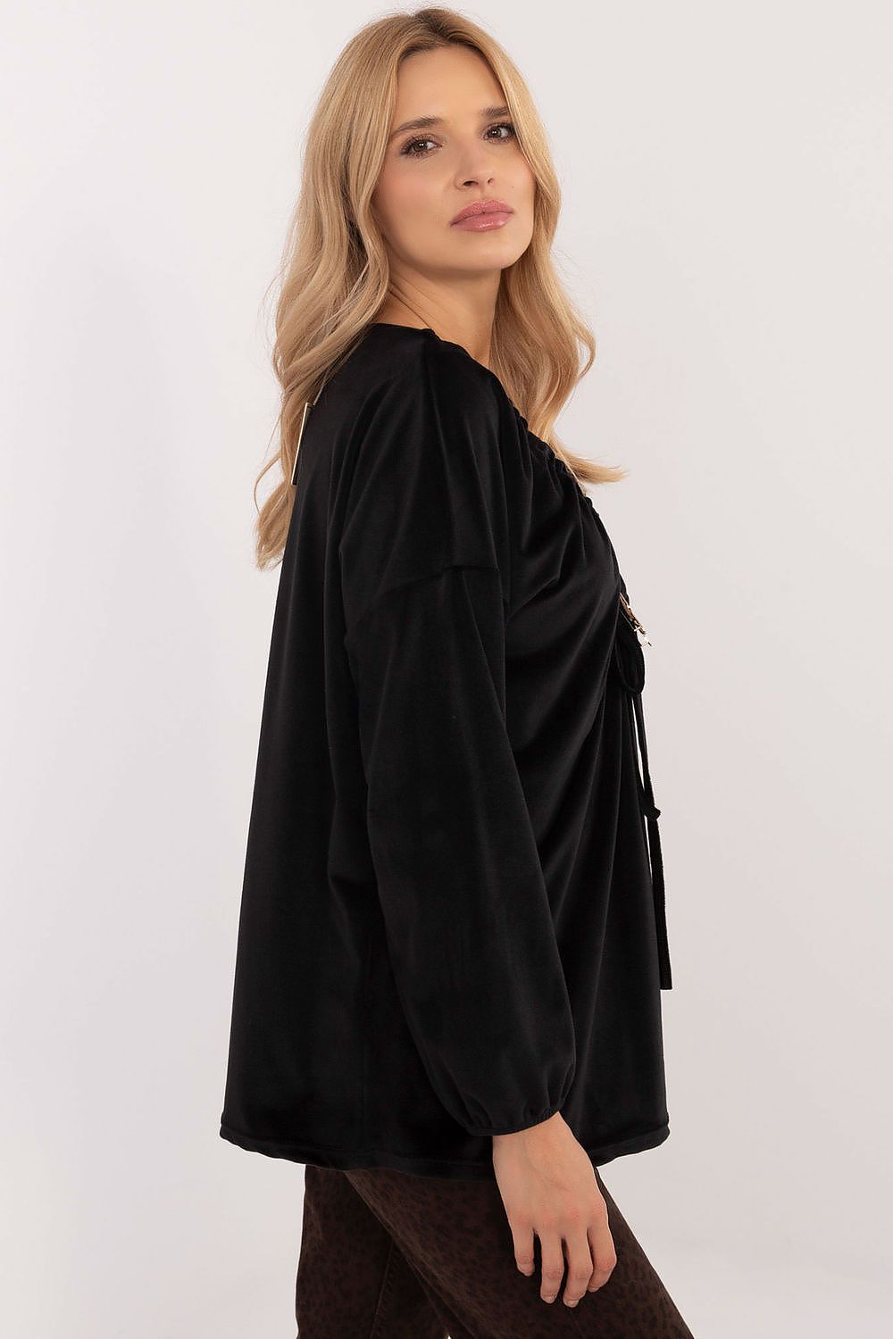 Italy Moda long sleeve velour blouse, ideal for various occasions, blending luxury and comfort seamlessly.