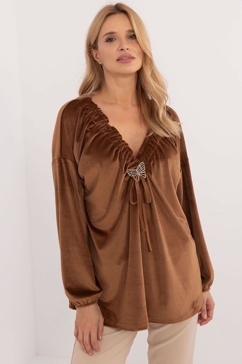 Luxurious Italy Moda women's velour blouse featuring a heart neckline and long sleeves, ideal for elegant casual styles.