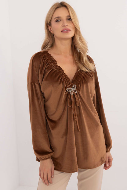 Luxurious Italy Moda women's velour blouse featuring a heart neckline and long sleeves, ideal for elegant casual styles.