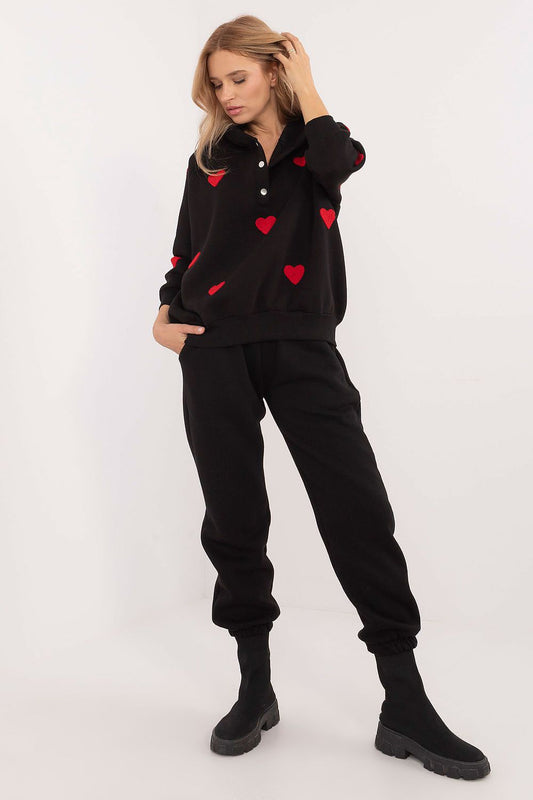 Luxurious women's casual warm sweatshirt and pants set by Factory Price, featuring stylish heart patches and a comfortable hood.