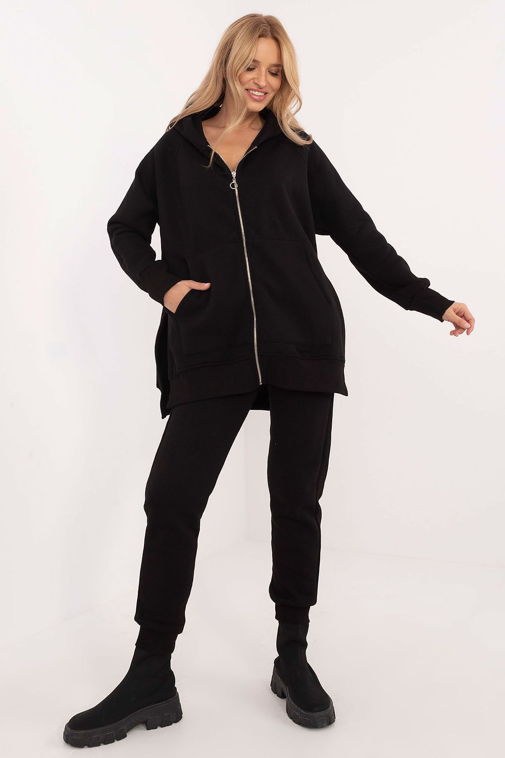Elegant Women's Casual Tracksuit Set by Factory Price, featuring a stylish black zip hoodie and comfortable ribbed cuffs, perfect for chic everyday styling.