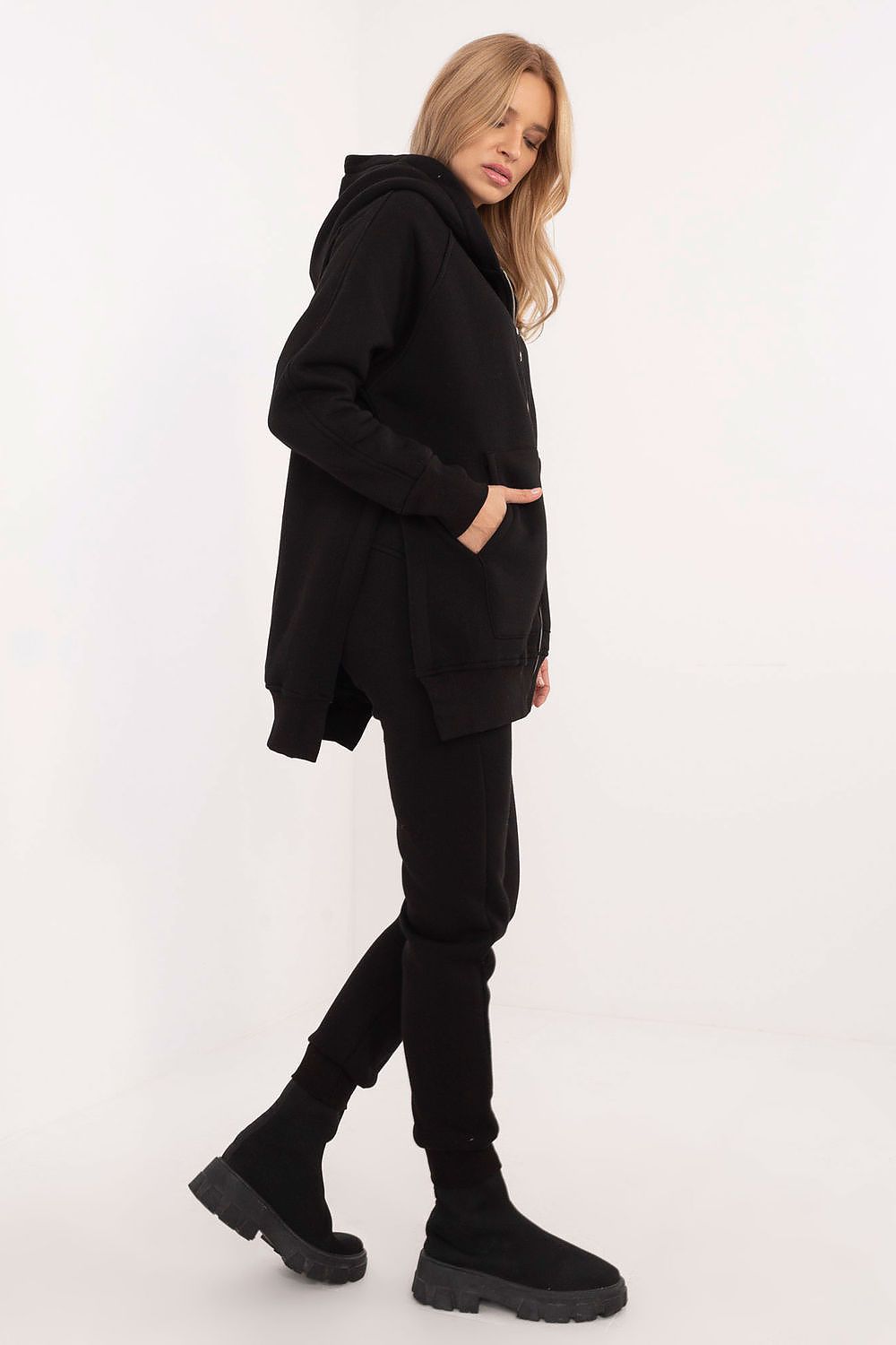 Luxurious Women's Tracksuit Set from Factory Price, showcasing a sleek black design with a hooded zip sweatshirt, ideal for casual outings with comfort and class.