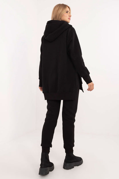 Chic black tracksuit set for women by Factory Price, consisting of a fashionable zip-up hoodie and tapered pants with ribbed cuffs, an embodiment of comfort and style.