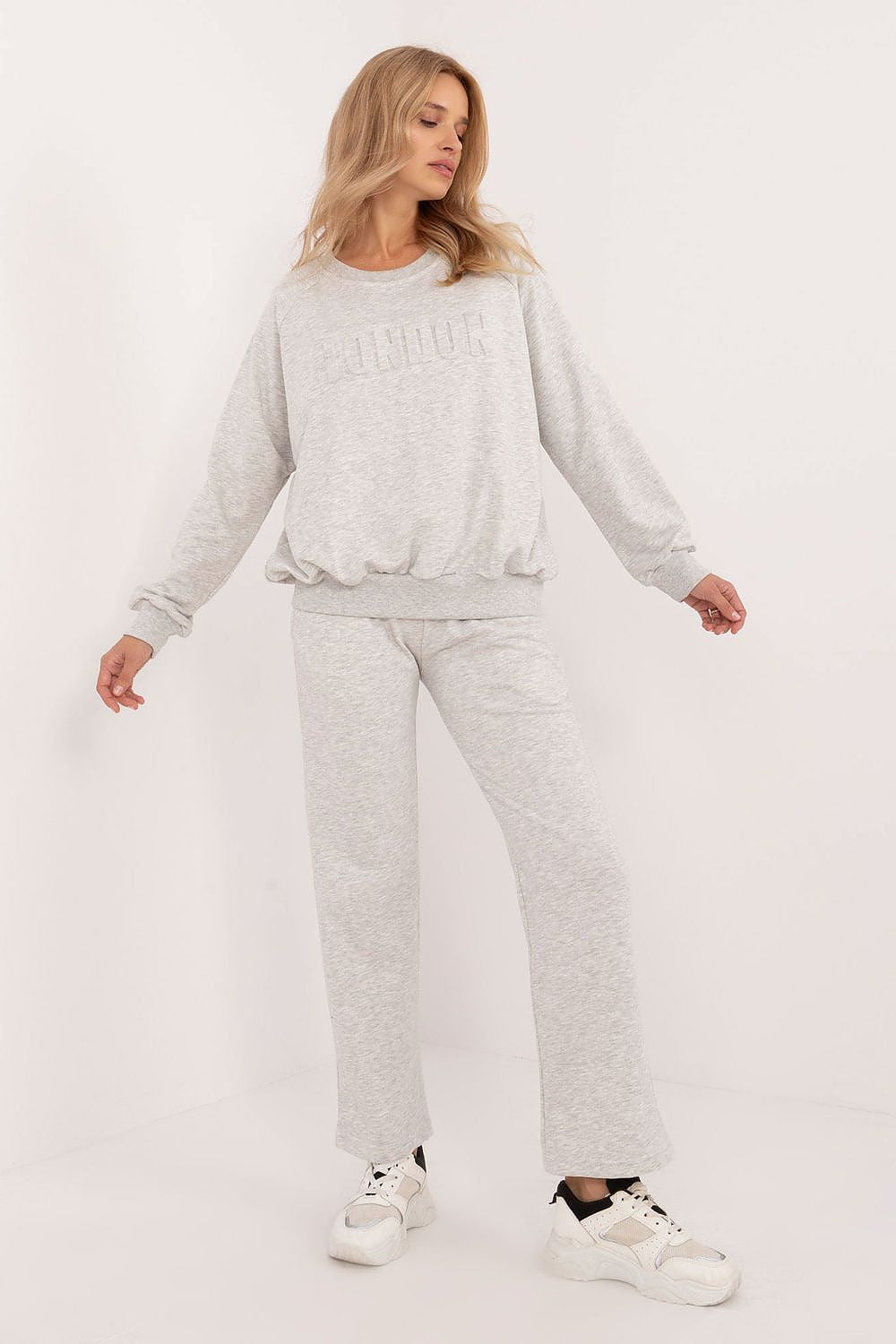Luxury Women's Casual Tracksuit Set by Factory Price featuring a stylish long sleeve sweatshirt with a round neckline and patch pockets.