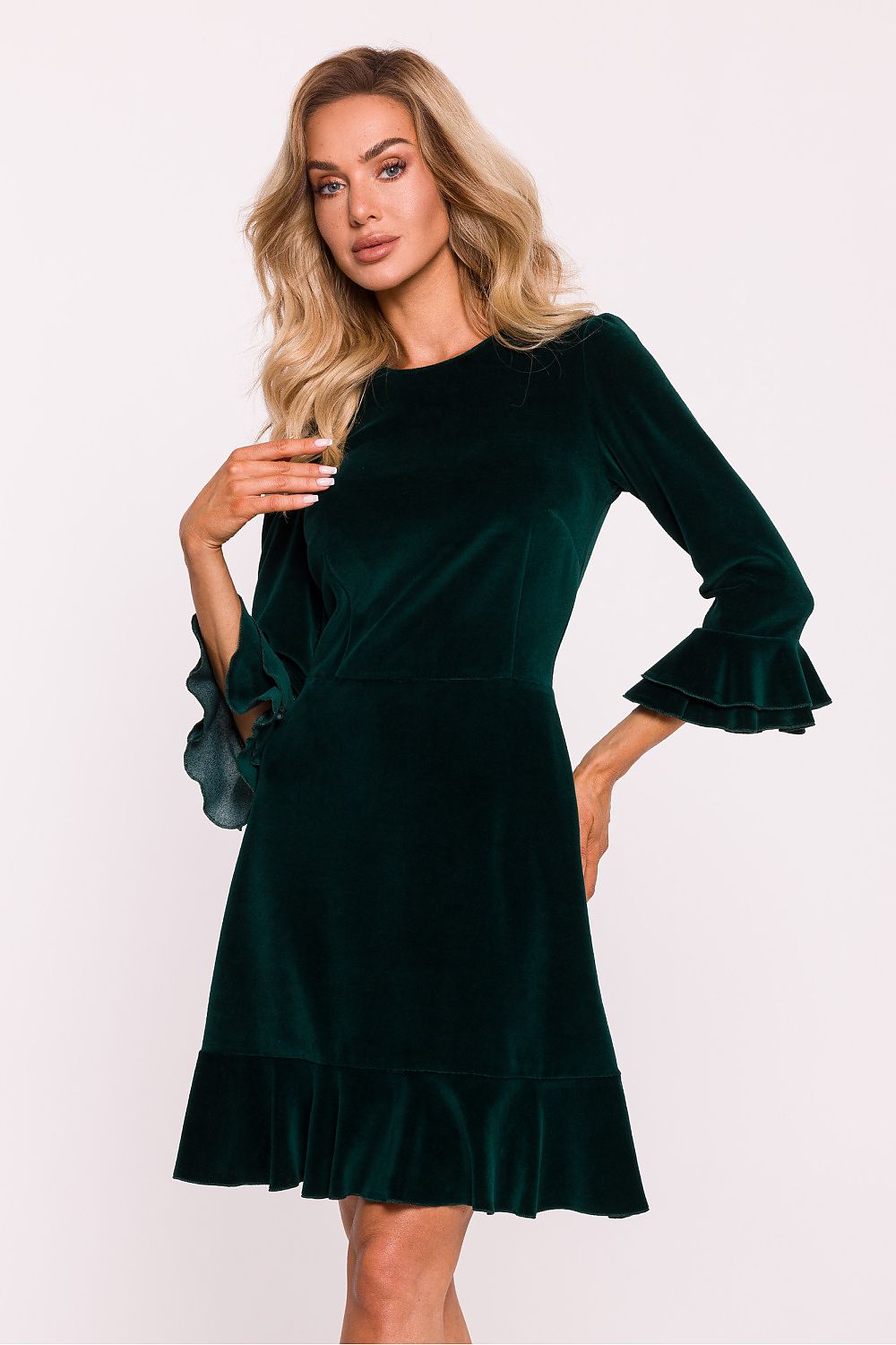 Elegant 7/8 sleeve velour knit daydress by Moe showcasing a chic silhouette and ruffle detailing, perfect for luxurious occasions.