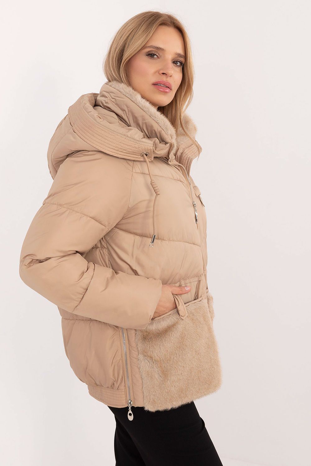 Luxury women's quilted jacket by MBM featuring a stylish hood and premium polyester construction for exceptional comfort and warmth.