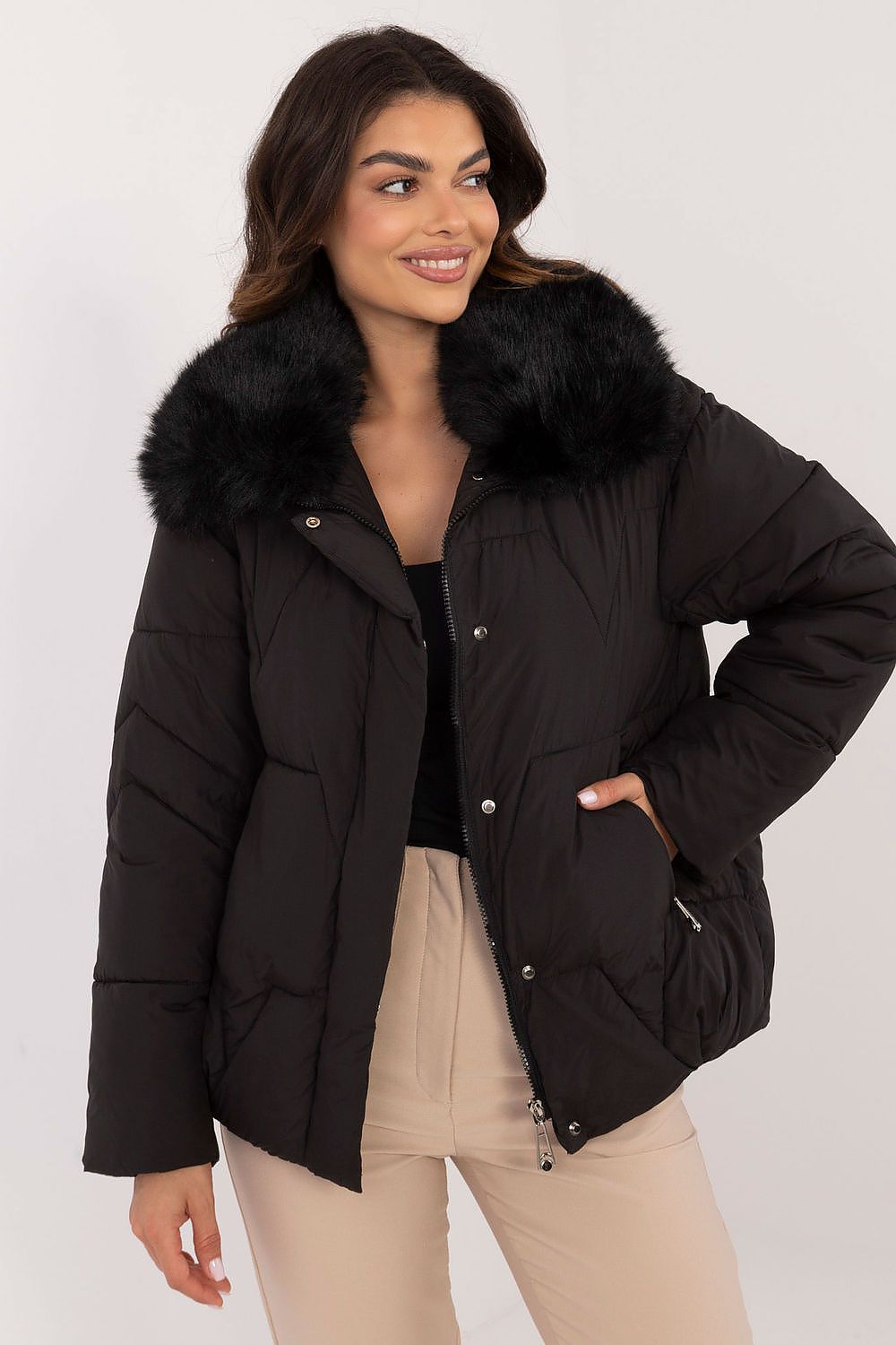 Stylish women's quilted jacket with fur collar by MBM, perfect for autumn and winter outings, showcasing a minimalist design.