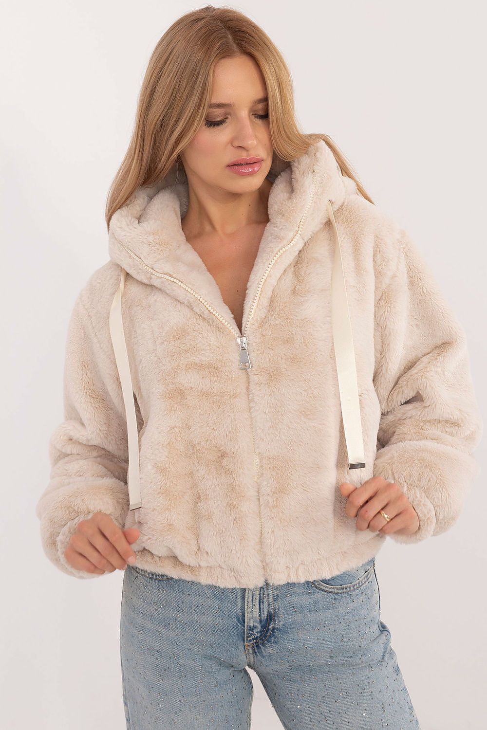 Luxurious women's casual fur jacket by Factory Price in EU size 0, featuring elegant viscose fabric, hood, and practical pockets.