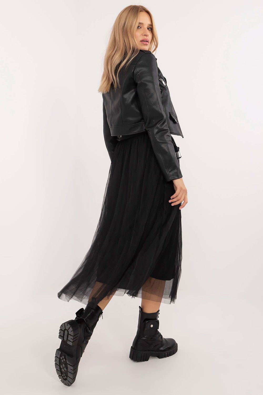 Model wearing Factory Price's elegant midi tulle skirt in EU 0 size, styled for a chic look, perfect for everyday outings.