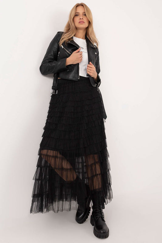 Luxury elegant midi tulle skirt with ruffles for women, crafted from 100% polyester, by Factory Price, showcasing a flattering silhouette suitable for both formal and casual occasions.