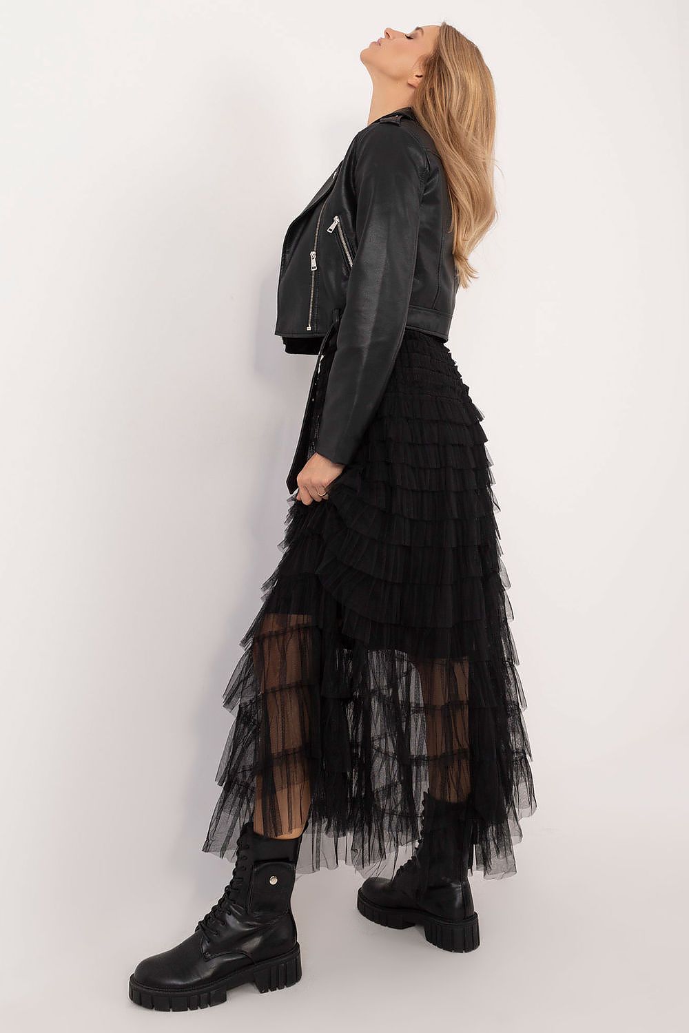 Elegant midi tulle skirt with delicate ruffles, crafted from 100% polyester by Factory Price, showcasing a luxurious design perfect for formal and casual settings.
