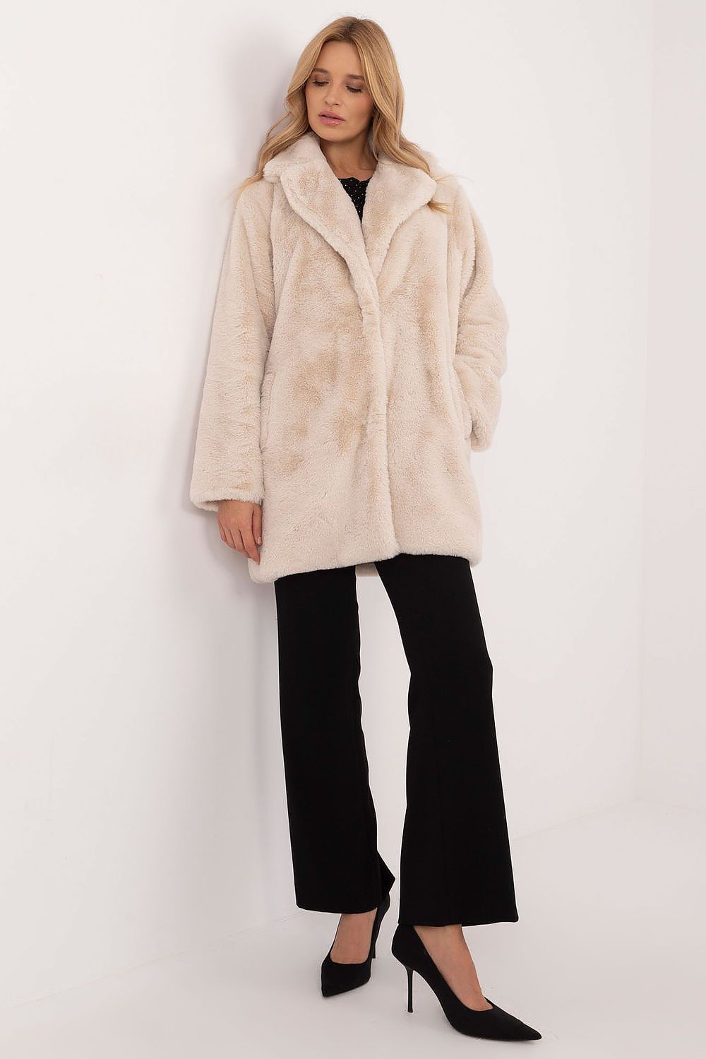 Elegant Women's Transitional Knee-Length Coat in Viscose by Factory Price, showcasing a classic cut and stylish design perfect for autumn-winter.