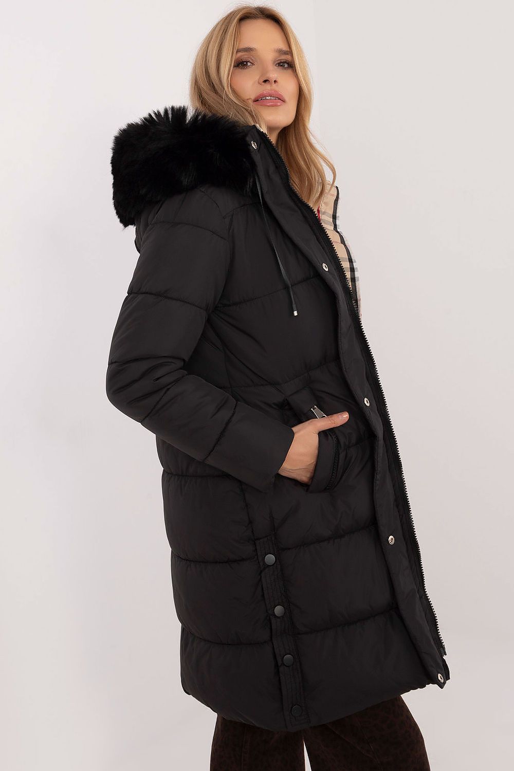 Chic black winter jacket with practical slip pockets and zip closure, designed by Factory Price for elegance and functionality in cold weather.