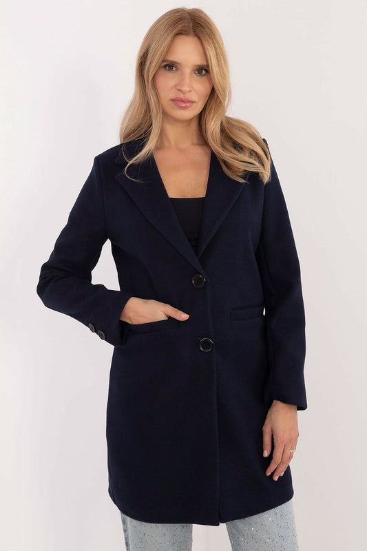 Och Bella women's elegant mid-thigh transitional coat in black, showcasing a sophisticated design with a single-breasted button closure and slip pockets, perfect for autumn, winter, and spring outings.