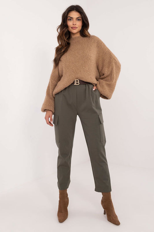 Och Bella Women's High Rise Cargo Trousers with Buckled Belt, elegantly designed for comfort and style, showcased in EU Size 0. Perfect blend of cotton, polyamide, and elastane for everyday and work wear.