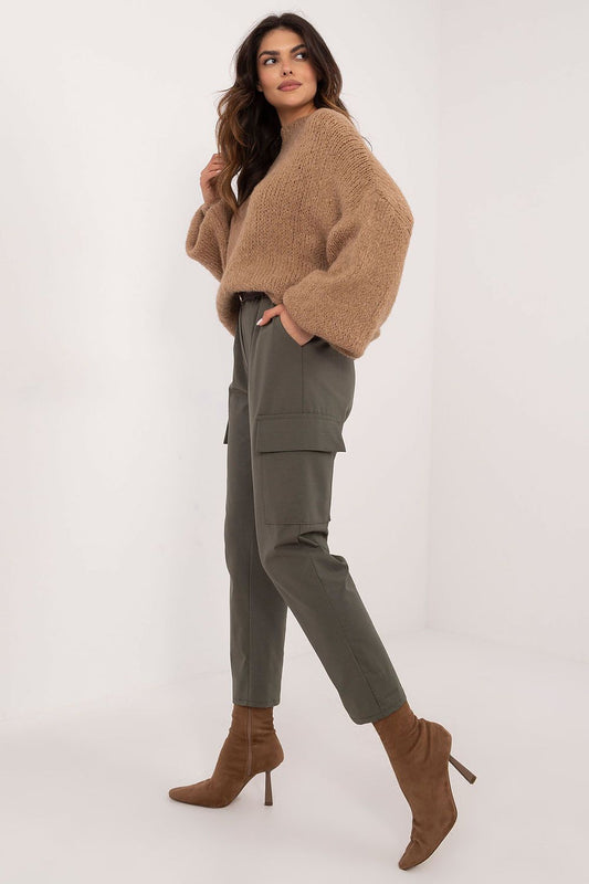 Elegant Och Bella Women's High Rise Cargo Trousers featuring a stylish buckled belt, perfect for a sophisticated casual look.
