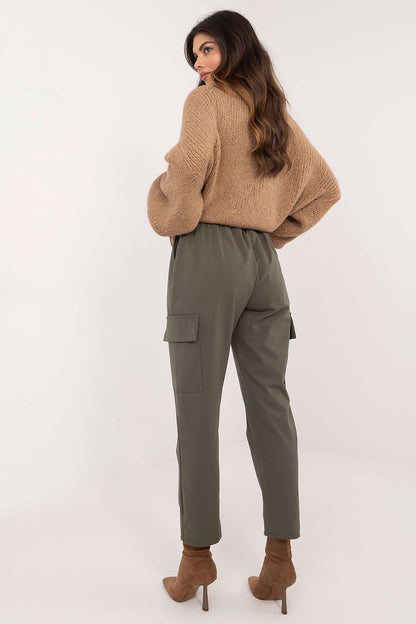 Close-up of Och Bella Women's High Rise Cargo Trousers fabric, showcasing the luxurious cotton blend for ultimate comfort and style.