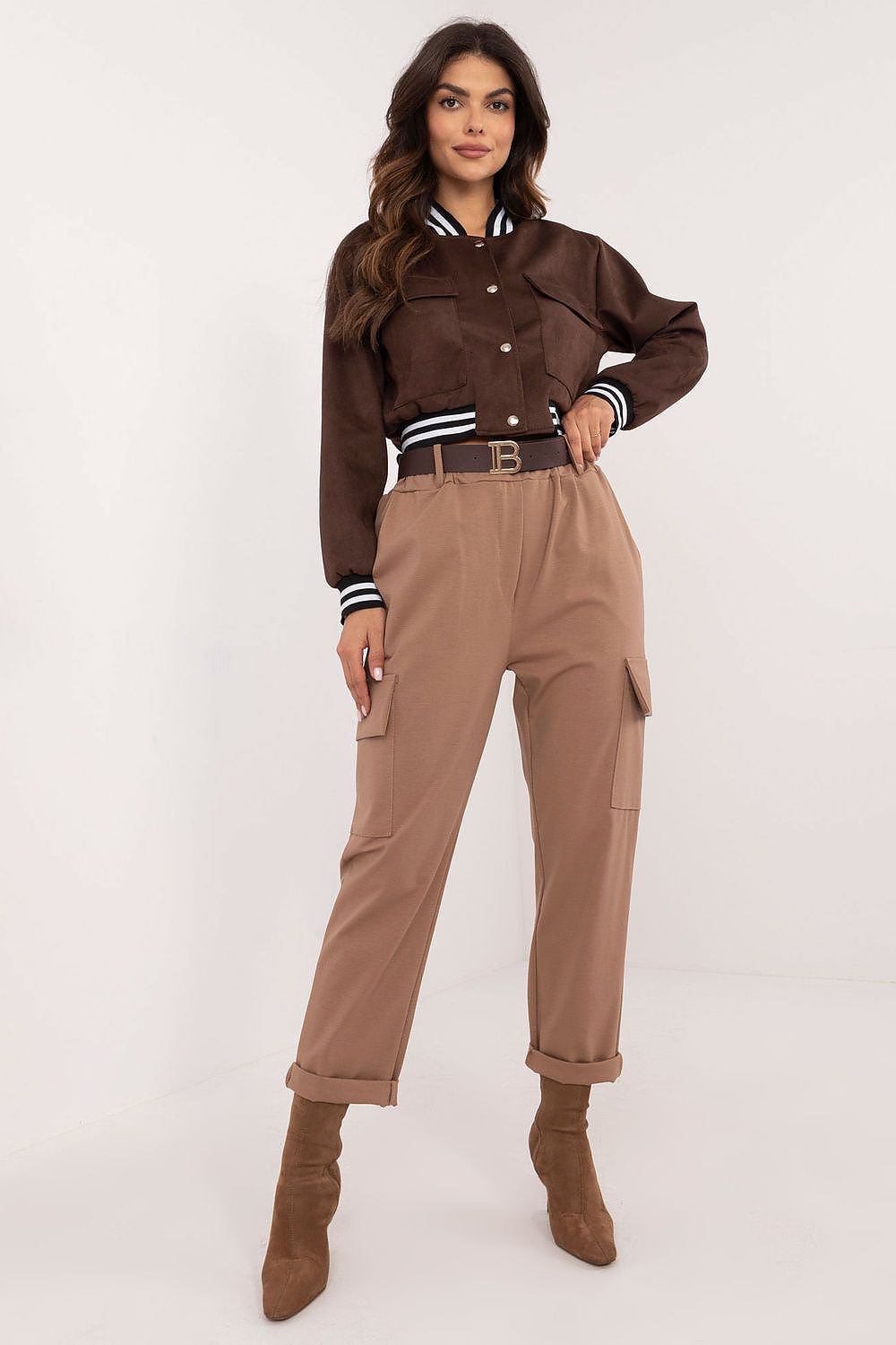 Och Bella Women's High Rise Cargo Trousers in a versatile smooth pattern, ideal for both everyday wear and formal occasions.