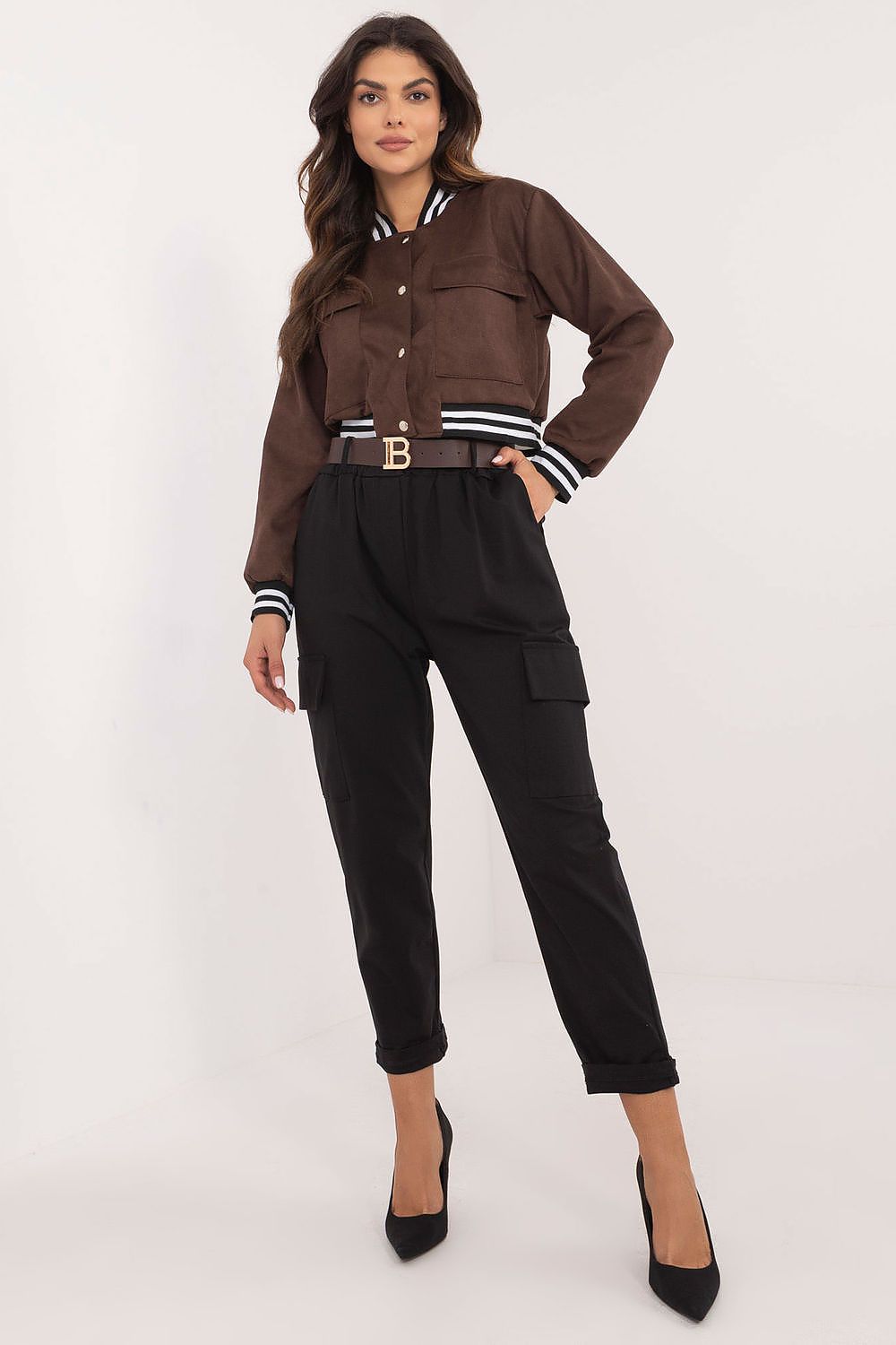 Elegant Och Bella Women's High Rise Cargo Trousers featuring a stylish buckled belt and tapered legs for a sophisticated silhouette.