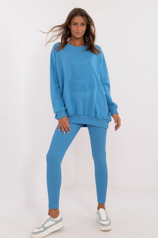 Luxury women's leggings and sweatshirt set from Factory Price, featuring a high waist and embossed design, perfect for casual styling.