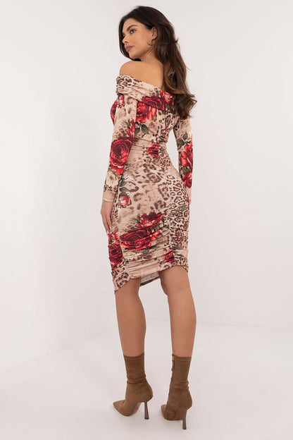 Elegant Italy Moda pencil dress featuring a sensual Spanish neckline and vibrant floral-animal print, perfect for upscale occasions.