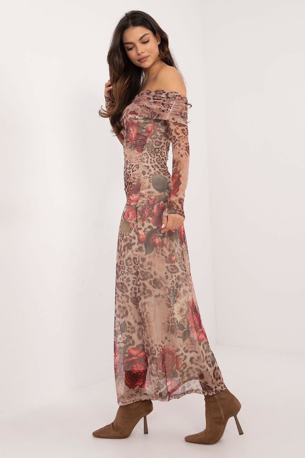Stylish leopard print midi dress by Italy Moda displayed elegantly, showcasing its perfect fit and unique pattern.
