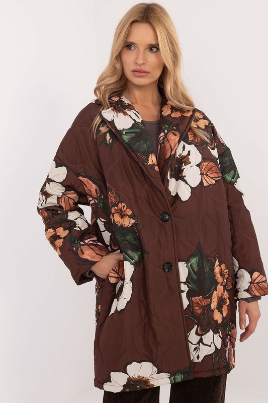 Elegant Women's Floral Print Transitional Jacket by Italy Moda, showcasing a stylish pre-knee length design perfect for autumn and winter with exquisite details.