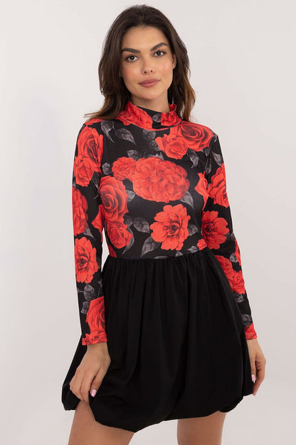 Elegant floral print ribbed daydress by Italy Moda featuring long sleeves and a half turtleneck, perfect for fashionable women.