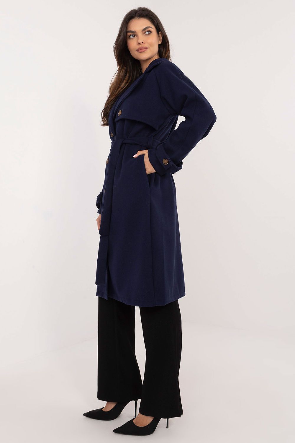 Close-up of the satin finish on Och Bella's elegant women's polyester trench coat, accentuating its refined design and luxurious feel for every sophisticated woman.