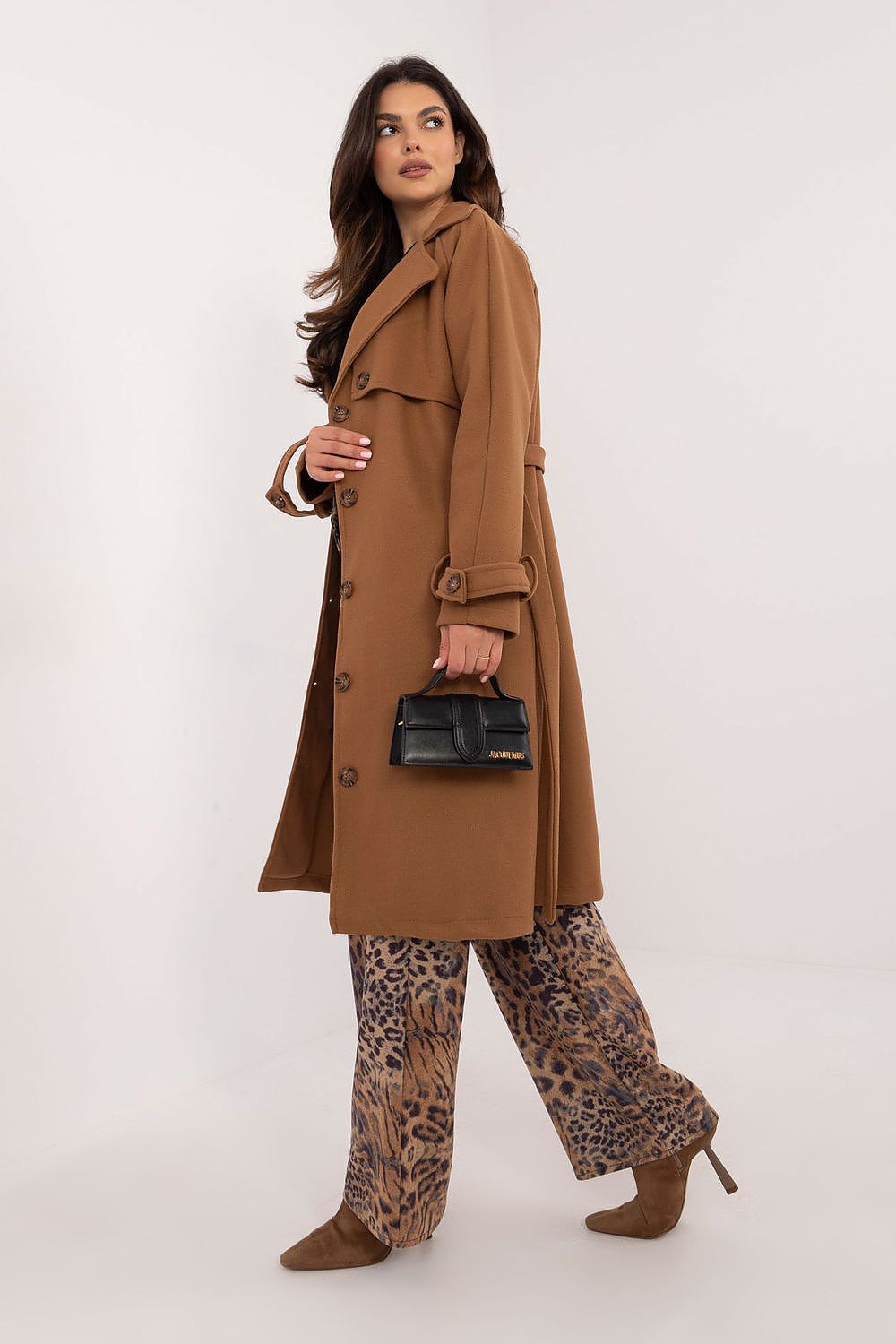 Close-up of Och Bella's stylish women's trench coat, highlighting the elegant belted design and quality fabric.