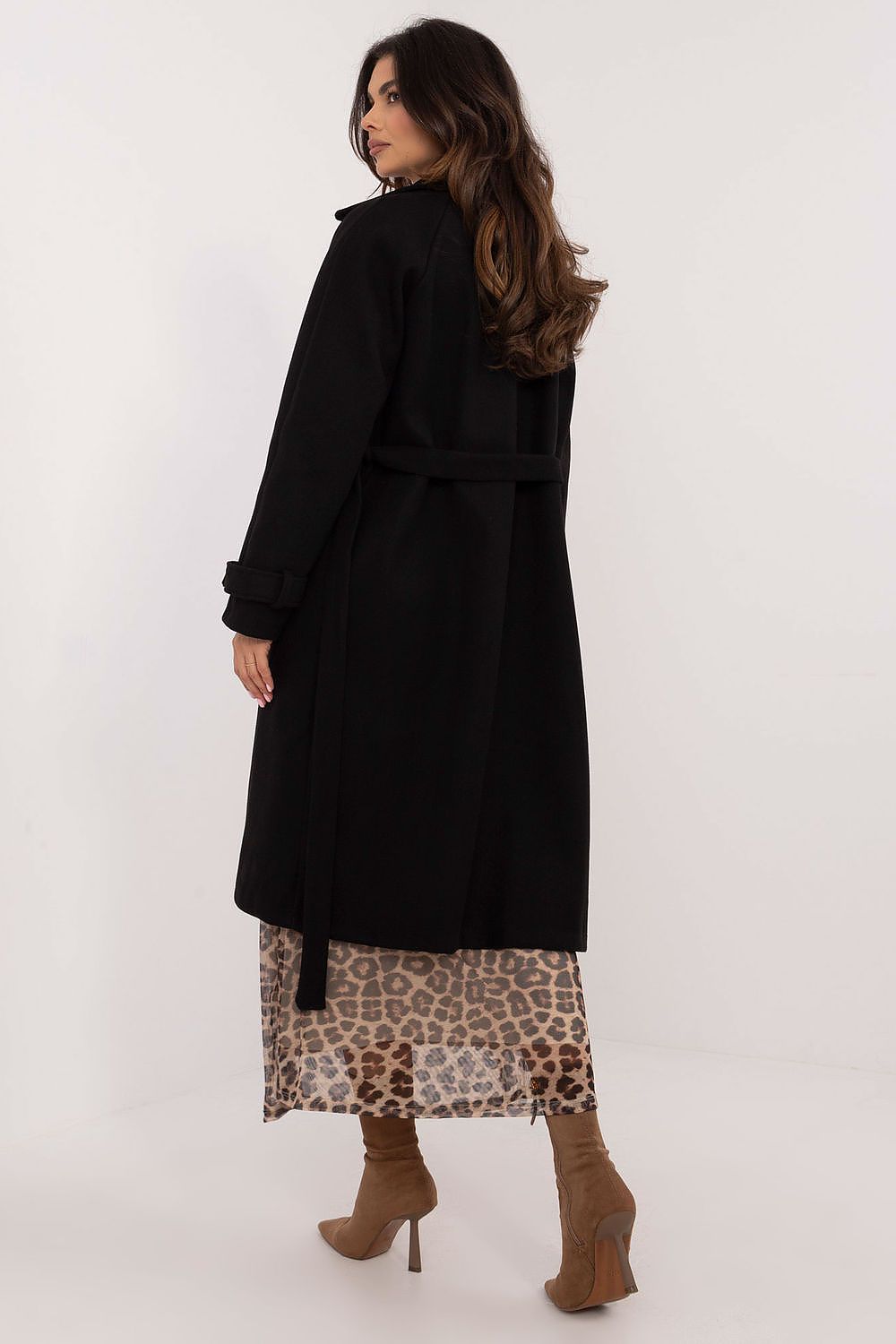 Close-up of the stylish belt detail on Och Bella's women's trench coat, showcasing its luxurious cut and high-quality polyester fabric.