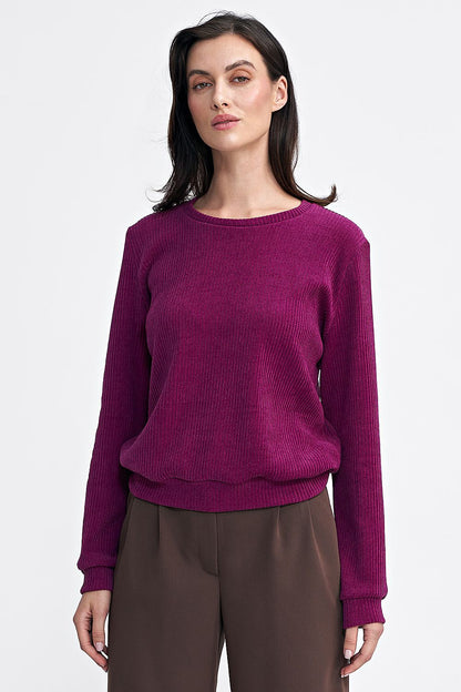 Elegant Women's Luxury Nife Blouse made of soft ribbed knit fabric featuring a round neckline and long sleeves, available in sizes EU 36-42.