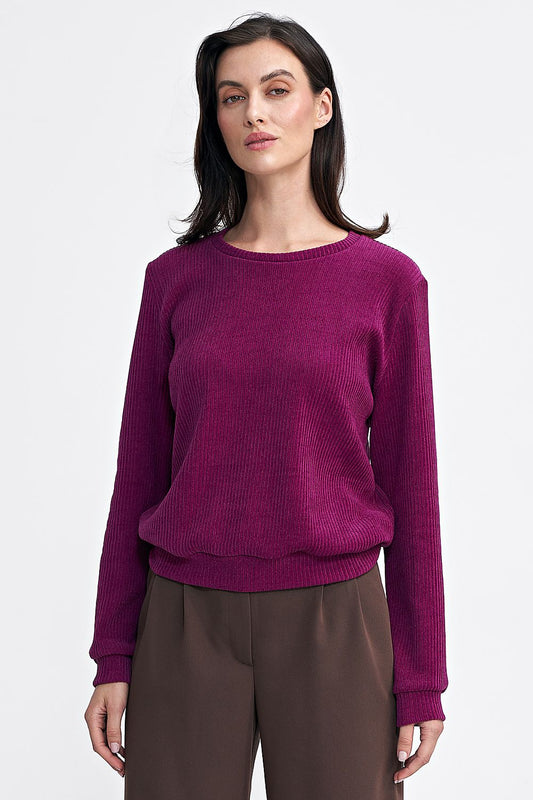 Elegant Women's Luxury Nife Blouse made of soft ribbed knit fabric featuring a round neckline and long sleeves, available in sizes EU 36-42.