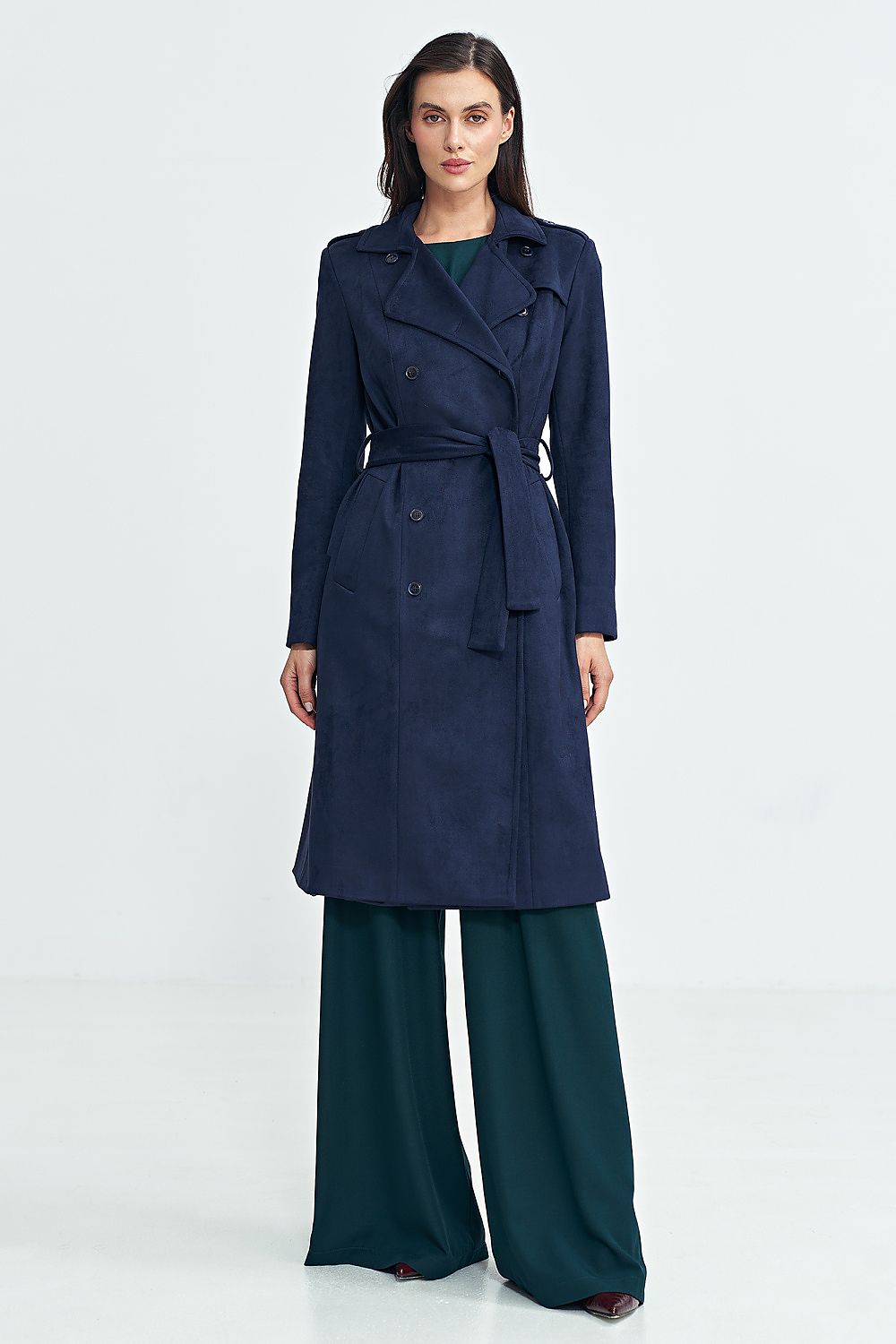 Elegant Nubuck Over-the-Knee Coat by Nife with Belt and Military Accents, showcasing luxurious texture and style.